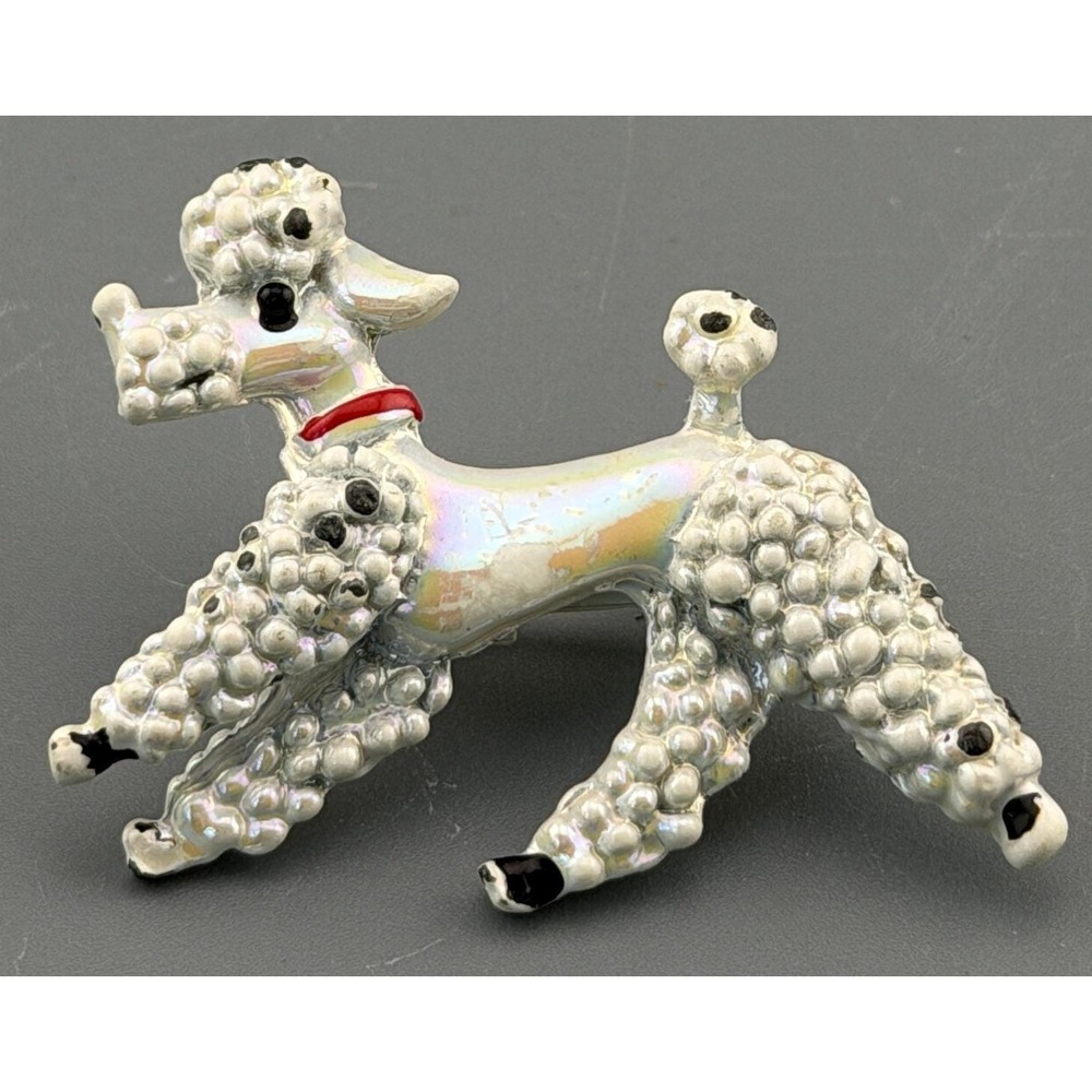 Vintage Poodle Brooch White Pearlescent Enamel Standard Poodle Figural Dog 1.5"